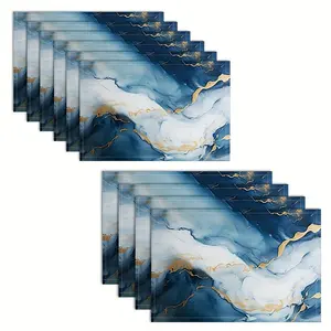 4/6pcs, Polyester Placemats, Marble Texture Themed Table Mats, Light Blue White Gilt Pattern Table Pad, Washable Party Dining Table Mat For Home, Kitchen Indoor Decoration, Gift