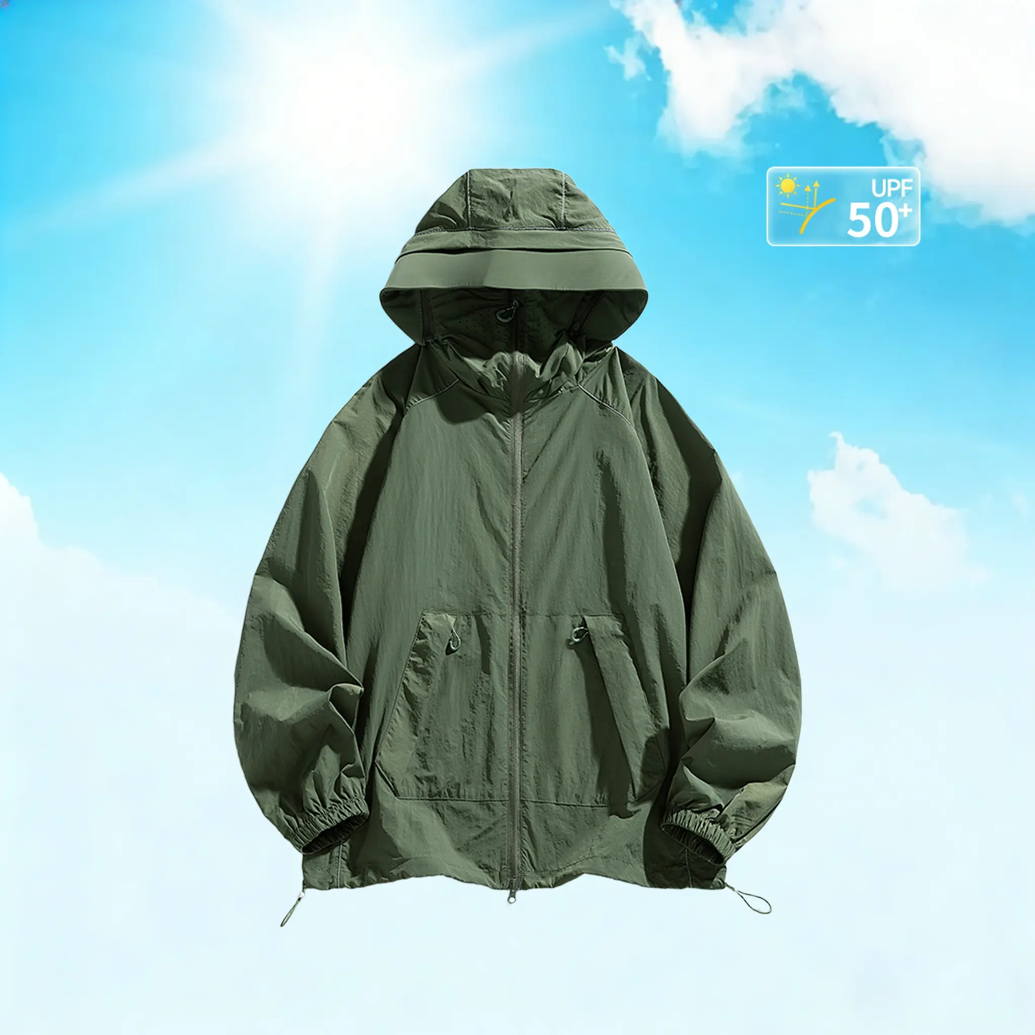 Men's Sun Protection Jacket UPF 50+ Hooded — Lightweight Full-Zip Windproof Jacket, Breathable UV Outdoor Jacket