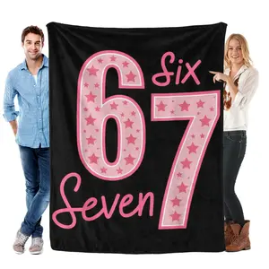 Cute Pink 67 Number Throw Blanket, Cozy Soft Warm Plush Star Pattern Six Seven Design, Adorable Fun Birthday or Anniversary Decorative Gift