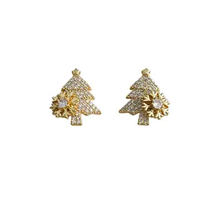 Christmas Tree Earrings for Women – 14K Gold Plated Snowflake Cubic Zirconia Studs, Festive Holiday Jewelry Gift, Sparkling Winter Accessory