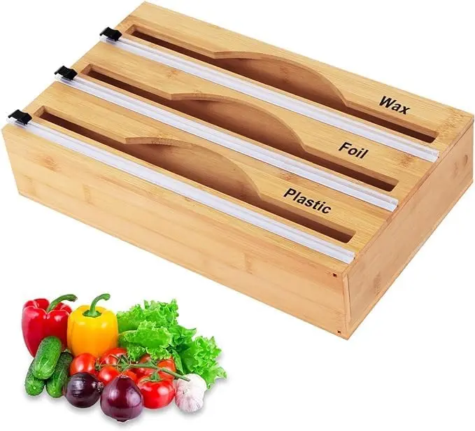 3-in-1 Bamboo Wrap Dispenser – Foil, Plastic Wrap & Garbage Bag Holder with Sliding Cutter – 3 Layers for Home Kitchen Storage Organization Holder