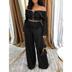 (New)NewWomen's Elegant Two-Piece Set, Solid Color Long Sleeve, Sexy Wave Pattern, Front Button Short Top and Wide-Leg Pants(Gift)11