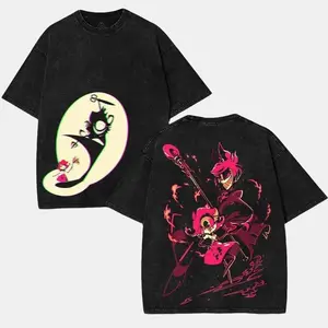 Charlie x Lucifer Hazbin Hotel Wash T-Shirt, Hazbin Washed Shirt for Fandom Lovers, Cool Comic Graphic Tee, TV Show Inspired Menswear Top in Soft Cotton Fabric, Trendy Streetwear Unisex Fit