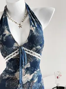 IYUNA Women's Vintage Print V-Neck Tie Front Ruffled Hem Mini Dress Spring/Summer