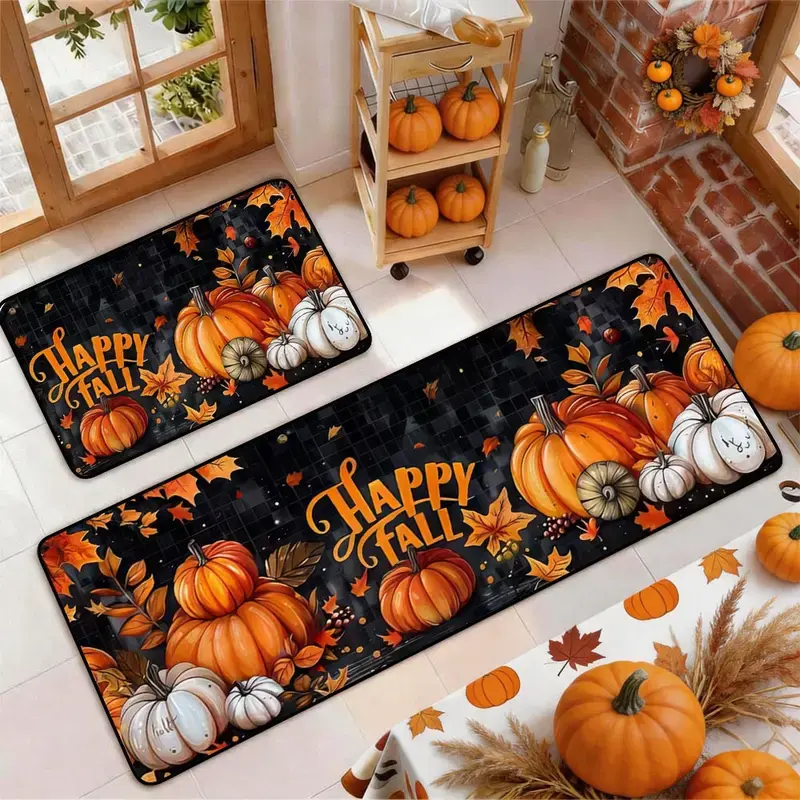 [MADE IN US] 2pcs Thanksgiving Fall Kitchen Mat Gug Set with Pumpkin Maple leaves Pattern,Floor Mat Set Farmhouse Kitchen Rug Dining Room Flooring Laundry Room Decor Carpet Mat, Decorative Rug Mat, Kitchen Mat Sets, Kitchen Floor Mats