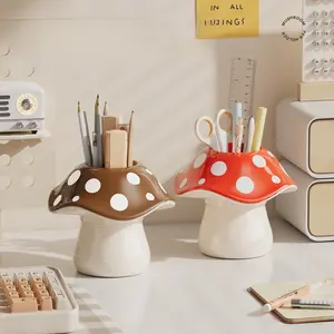 Cute Mushroom Pen Holder with Polka Dot Lid, Multifunctional Desk Organizer for Makeup Brushes Pens, Kawaii Desktop Storage Container for Kids Students Office Home Decor