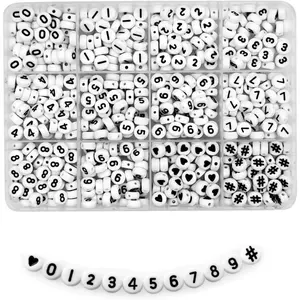 600pcs White Acrylic Number Beads 0-9 Symbol # Heart with Storage Box 7x4mm