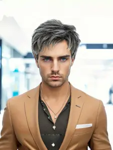 Men's Salt and Pepper Short Wig - Natural Looking Gray Mixed Hair Wig, Heat Resistant Synthetic Fiber, Fashionable Textured Style for Daily & Party, Top Seller in Global Market Christmas, Synthetic Wigs