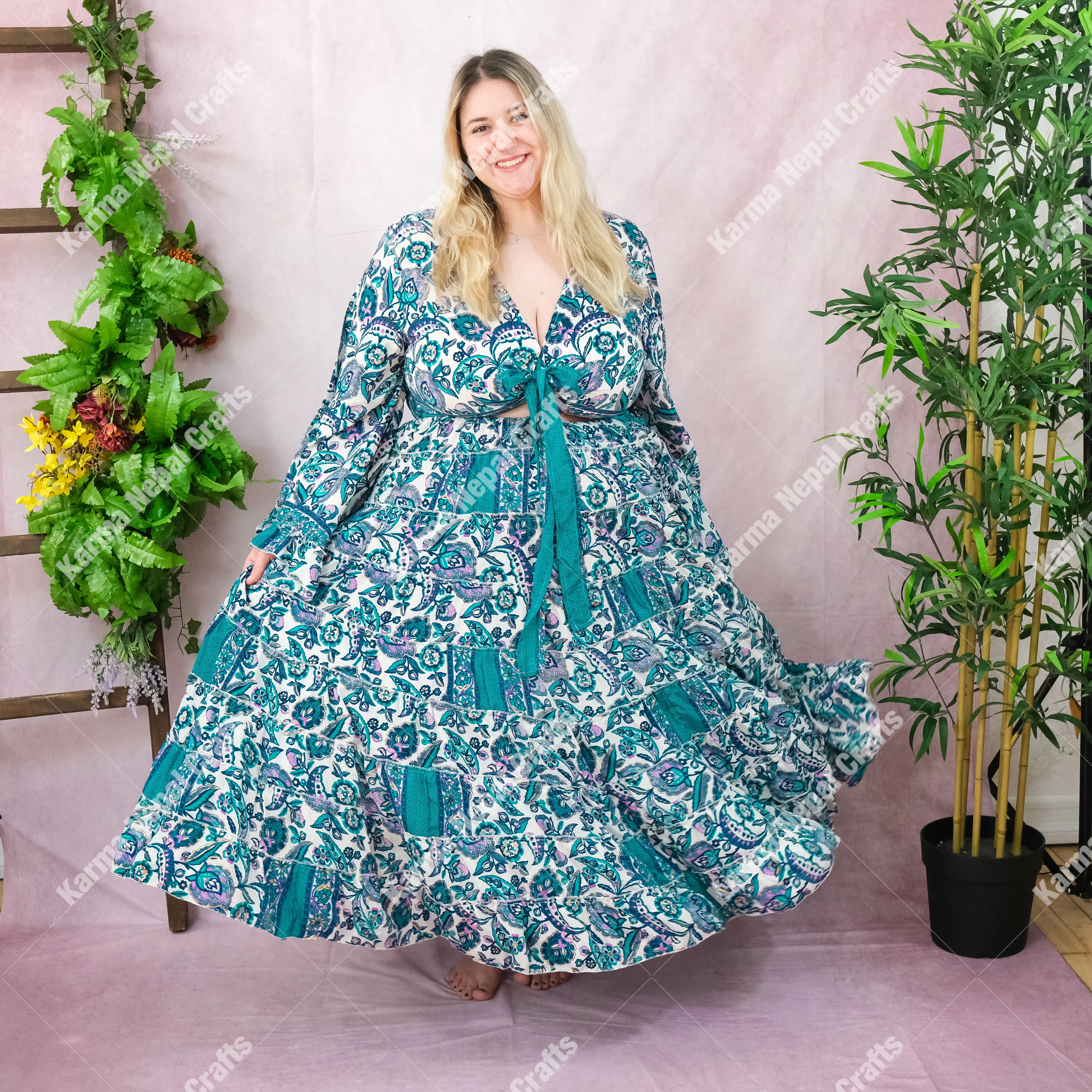Fairy Core Long Skirt with Ruffle  Sleeve Top, Summer Tiered Skirt, Flowy Goddess Vibe Skirt Set, Handmade Hippie Cottage core Whimsy Outfit, 90s