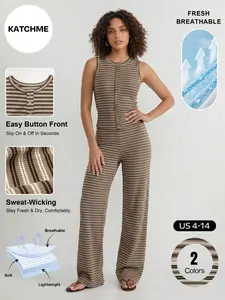 Katch Me Chic Women's Versatile Striped Button-Up Flattering Tank Top & Wide Leg Trousers Co-ord, Basic Sleeveless Breathable Pill Resistant Two Piece Sets, Wrinkle-Resistant Going Out Outfit