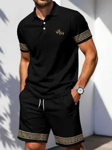 Men's Black Gold Greek Key Border Crown King Print 2 Piece Outfit Short Sleeve Polo Shirt Drawstring Shorts Summer Casual Tracksuit