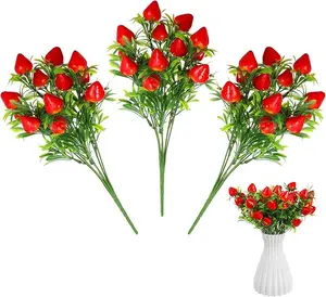 Fake Strawberry 3Pcs Artificial Strawberry Stem Faux Strawberry Plant Ornaments Fruit Flower Stem for Home Wedding Party Decor Artificial Fruit Decorative