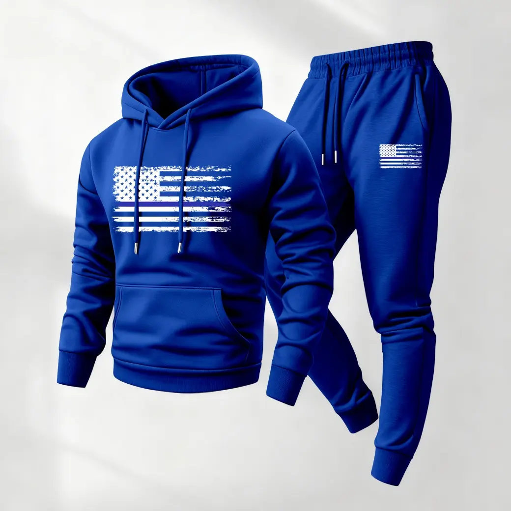 Men's 2-Piece Active Tracksuit Set, American Flag Print Polyester Hooded Sweatshirt & Pants, Loose-Fit Matching Workout Set, Easy Athleisure for Gym or Coffee, Long-Sleeve Sporty Chic Mensfashion Activewear