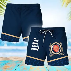 Vintage Beer Bottle Pattern Swim Trunks Tropical Beach Shorts, Retro Party Drink Pattern Hawaiian Swim Shorts For Men