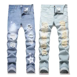 2pieces Ripped Jeans Men 2025 New American High Street Loose Straight Pants Personality Cool Street Comfortable Pants for Stylish Looks