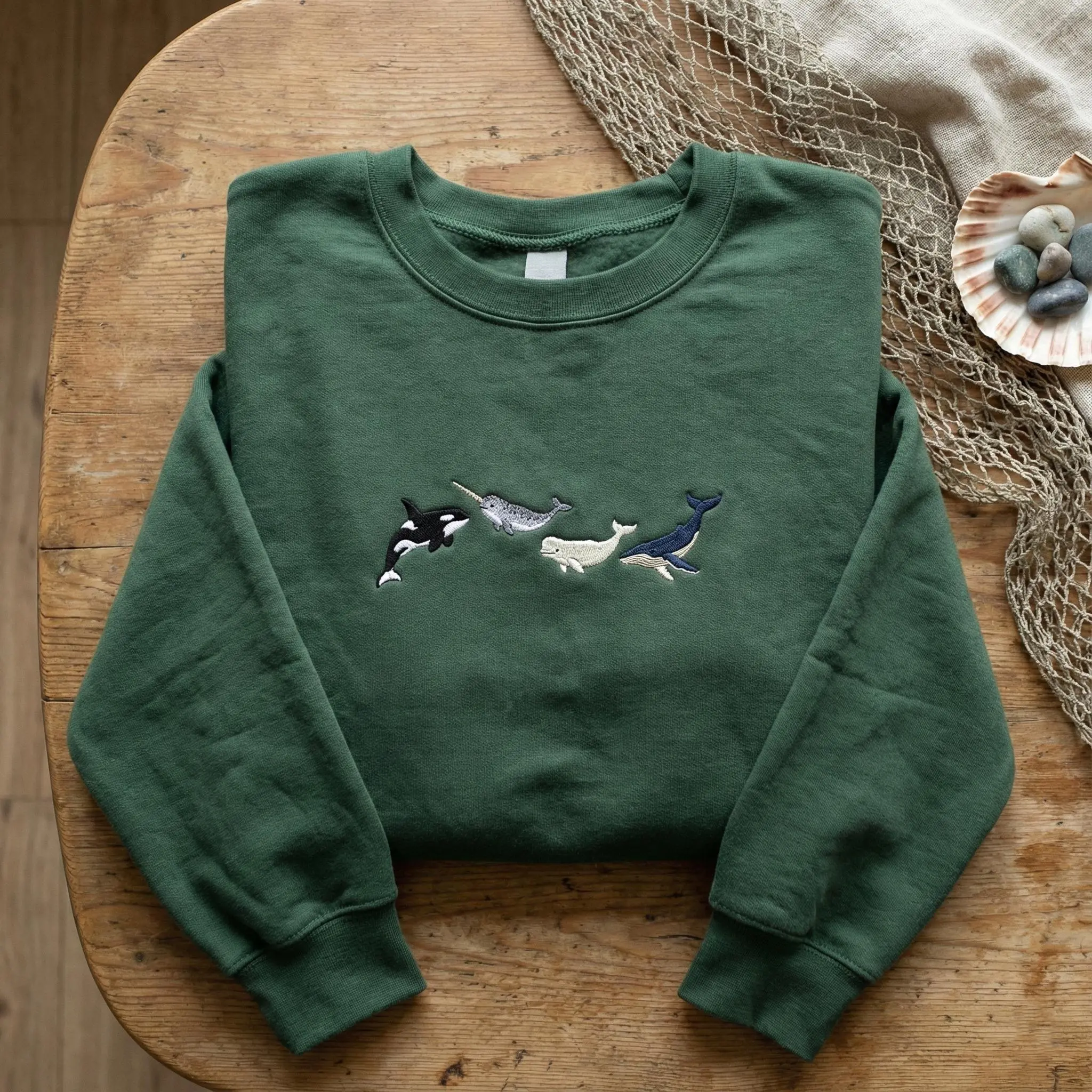 Marine Life Embroidered Sweatshirt, Orca Narwhal Beluga Whale Pullover, Ocean Lover Gift, Sea Creature Crewneck, Nature Shirt