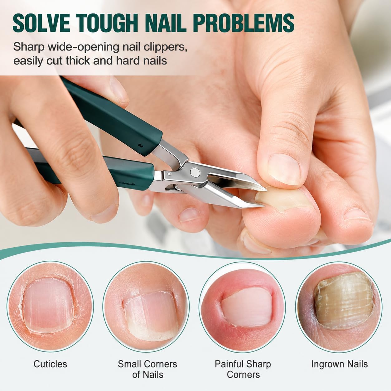 Slanted Eagle Beak Nail Clipper Kit, for Daily Manicure, Thick Nails & Ingrown Nail Maintenance, Wide Jaw Opening Anti-Splash Nail Trimmers, Ergonomic Long Handle Pedicure Accessory (Green)