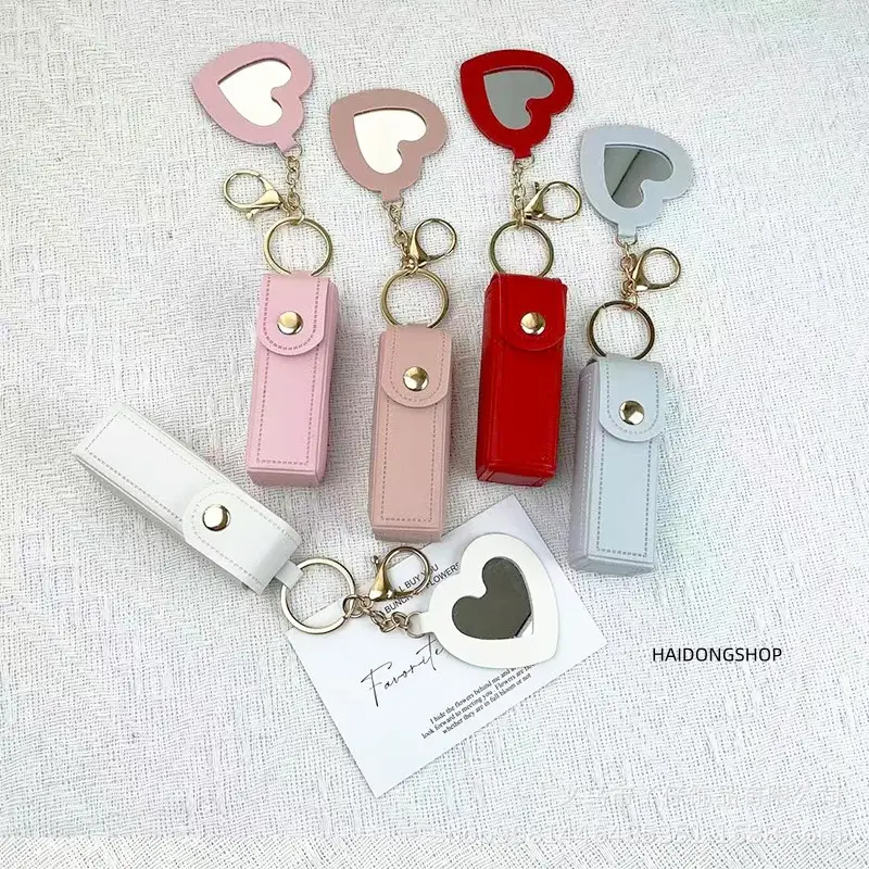 4-Pack PU Leather Lipstick/ChapStick Holder Keychain with Detachable Makeup Mirror, Portable Mini Travel Lip Balm Organizer Pouch, Chic Unisex Bag Charm Accessory, Compact Cosmetic Storage Clip—Perfect for Men and Women’s Summer Casual Daily Outfits, On-t