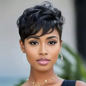 Short Pixie Cut Human Hair Wig For Women Remy Brazilian Human Hair Wig Rose Net Full Machine Made Human Hair Wig 6"150% Density Natural Black Color Holiday Wear Party Wear