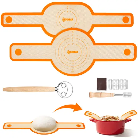 Orange Silicone Dutch Oven Bread Sling Kitchenware Set with Long Handles - Food-Safe, Non-Stick, Non-Toxic, Easy Clean Extra Thick Reusable Bakeware, Round Sling, Dough Whisk, Bread Lame, Round Sheet Pan Baking Mats