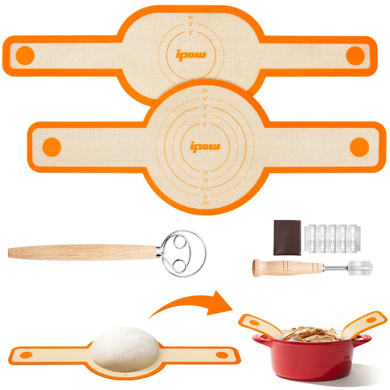 Orange Silicone Dutch Oven Bread Sling Kitchenware Set with Long Handles - Food-Safe, Non-Stick, Non-Toxic, Easy Clean Extra Thick Reusable Bakeware, Round Sling, Dough Whisk, Bread Lame, Round Sheet Pan Baking Mats
