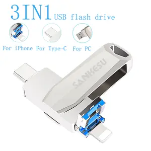 3-in-1 Flash Drive 128GB/64GB/32GB Portable USB OTG Memory Stick External Storage for iPhone Android PC Devices for Photos and Videos Transfer Storage Backup(Silver)