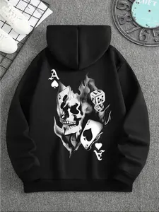 Men's Fall Winter New Fun Letter Poker Print Gothic Rock Hoodie, Casual Comfortable Long Sleeve Pullover, Loose Fit Drop Shoulder Design