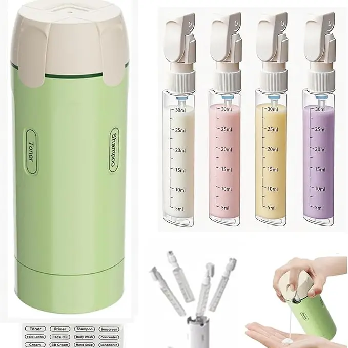 4-in-1 Graduated Cosmetic Travel Dispenser Kit - 4-Pack 30ML Leakproof Portable Compact Refillable Toiletry Bottles for Shampoo, Shower Gel, Travel Stuff, Camping Trips (Green)