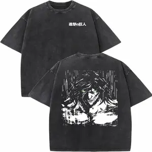 Retro Heavy Eren Yeager x Attack On Titan Ver 2 Anime Double Printed Men's Vintage Tee Washed Unisex Oversize Anime Manga Washed Heavyweight Cotton T-shirt, Anime Gift For Him