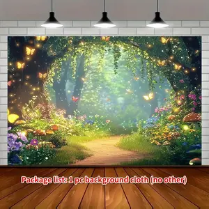 1pc Enchanted Forest Fairy Garden Backdrop Dreamy Butterfly Style Multiple Sizes Woodland Pathway Flower Mushroom Scene Design Perfect for Wedding Birthday Photography Studio Romantic Fairy Tale