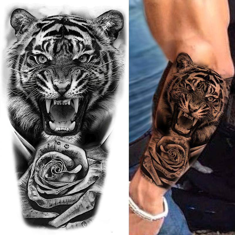 8 Sheets 3D Tribal Wolf Lion Tiger Temporary Tattoos, Men Adult Half Arm Sleeve Tattoo, Dragon Gang Eyes Totem Fake Tattoo Stickers, Body Fake Tattoos