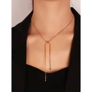 1 Pc Long Necklace Snake Bone Chain Stainless Steel Women's Pull-out Buckle Necklace Sweater Chain Simple and Fashionable