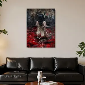 Framed 1pc Gothic Demon Girl Canvas Art with Wooden Frame - 0.9 Inch Thick, Dark & Dramatic Wall Decor for Home, Living Room, Bedroom, or Kitchen - High-Quality Print, Easy Hang, Perfect Gift for Valentine's Day, Bathroom Decoration | Mystical Decor