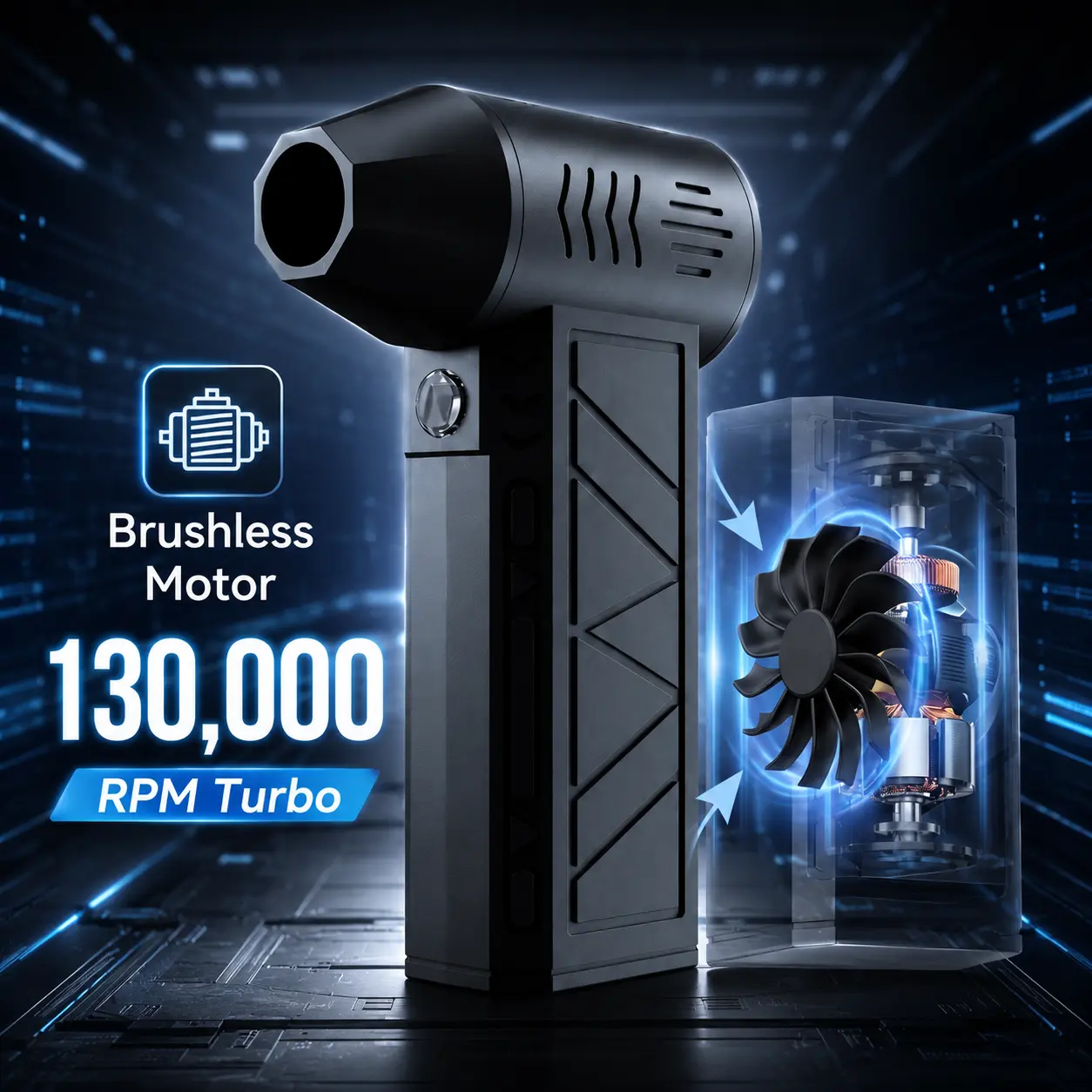 Handheld Cordless Compact High Power Turbo Jet Air Blower - 130000RPM Rechargeable Pressure Air Gun with Nozzle for Car, Home Dust Removal, Small AC Vent Cleaning  fan neck