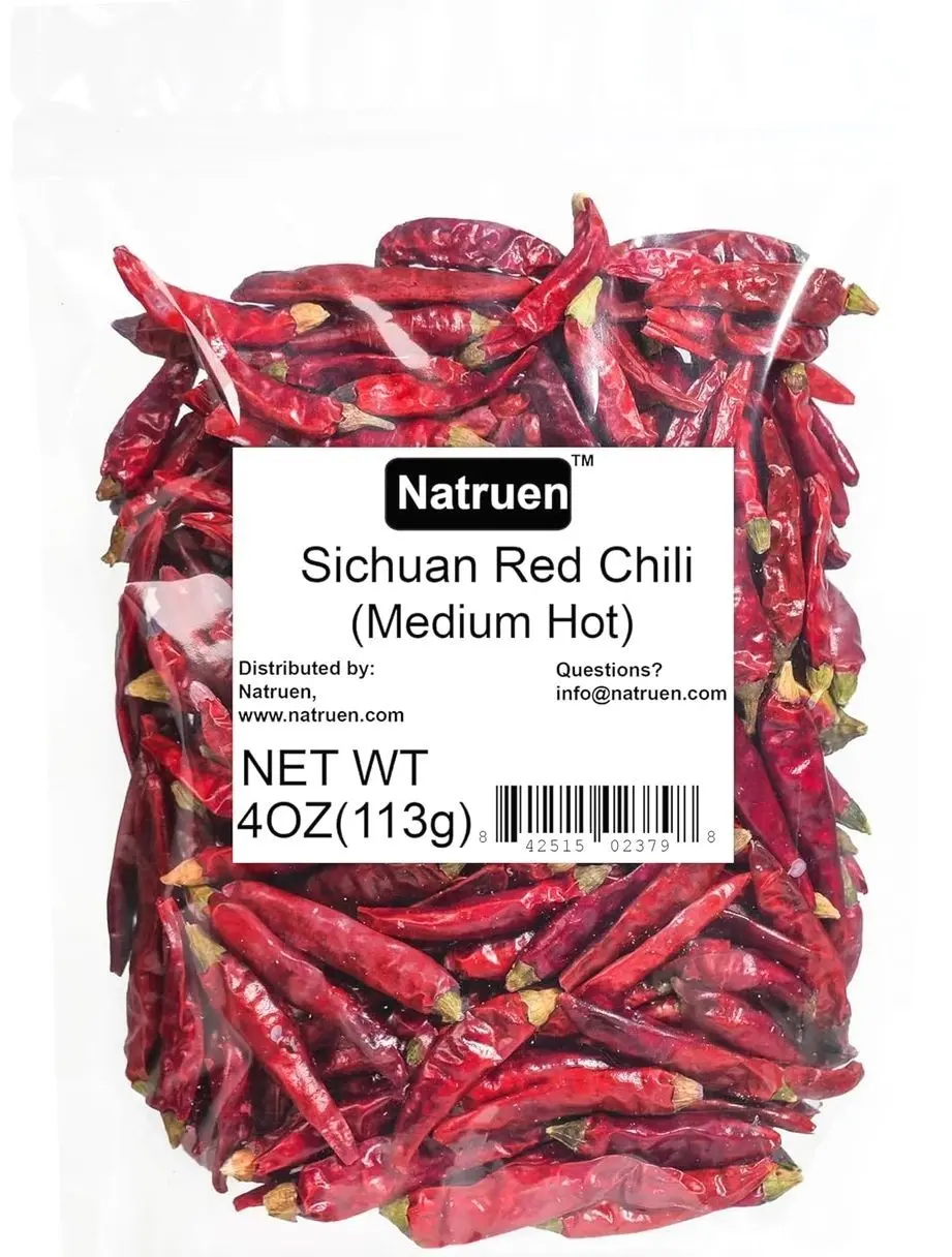 Natruen Whole Dry Szechuan Chinese Red Chili Pods 4 Oz (Medium Hot), Spicy Sichuan Dried Red Hot Chilies for Chili Oil, Paste, and Sauce
