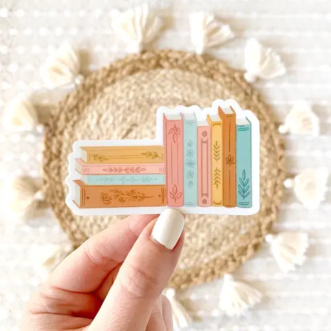 Elyse Breanne Design 3.5x2 in Easy-Remove Waterproof Vinyl Print Stack of Books Sticker, Car Decorative Universal Sticker, Dishwasher Safe, Removable via Hand Sanitizer for Cars/Bottles, Car Decorative Stickers