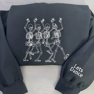 Glow in the dark Dancing Skeleton Embroidered sweatshirt; Cotton Casual embroidered crewneck