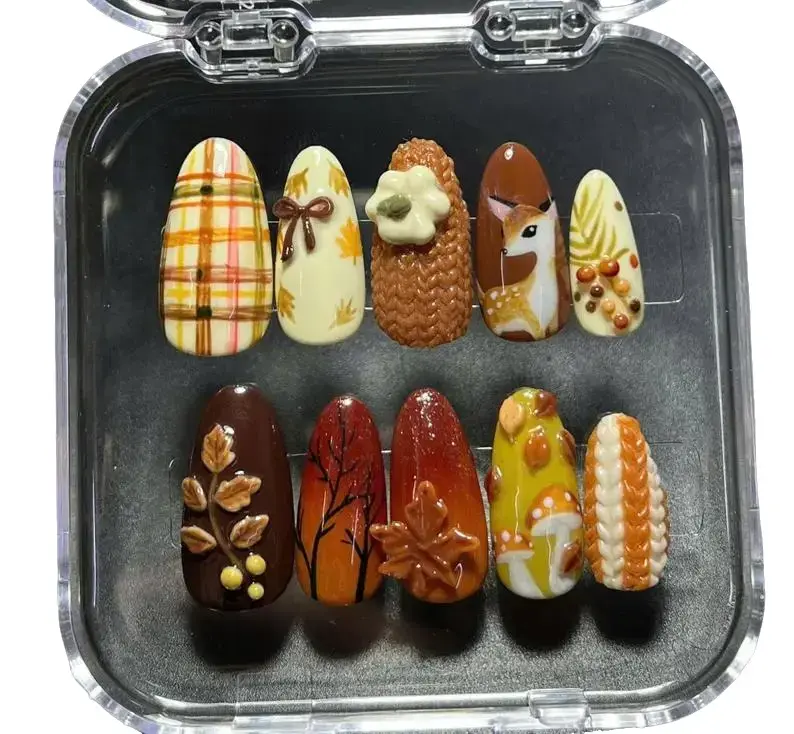 Cozy Autumn Press On Nails, Deer Pumpkin Fall Nail Art, Handmade Fall Vibes Almond Nails, Elegant Festive Fall Nail Design,Cute Autumn Nails