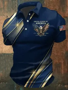 Men's Summer Short Sleeved Polo Shirt, Men's T-shirt, Men's Top, American Commemorative Style Flag Printed Short Sleeved Shirt, Golden Lines+eagle Print Design, Flag Armband, Business Casual Short Sleeved Shirt