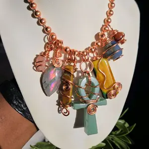 Green Aventurine Ankh Copper Necklace • 7 Chakra Stones • Copper Wire wrapped • Pink Labradorite • Crystal Necklace