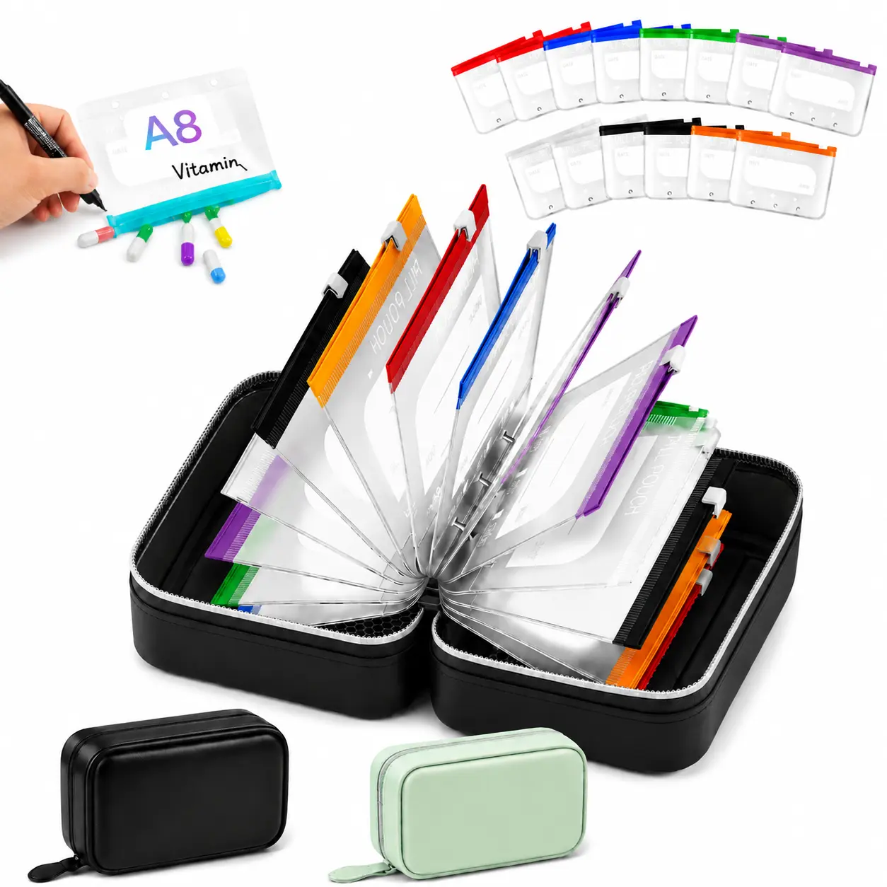 Waterproof Pill Organizer Travel Case, Large Weekly Medicine Pouch Set with 14 Color Coded Bags, Reusable Vitamin & Supplement Storage Organizer for Daily Wellness