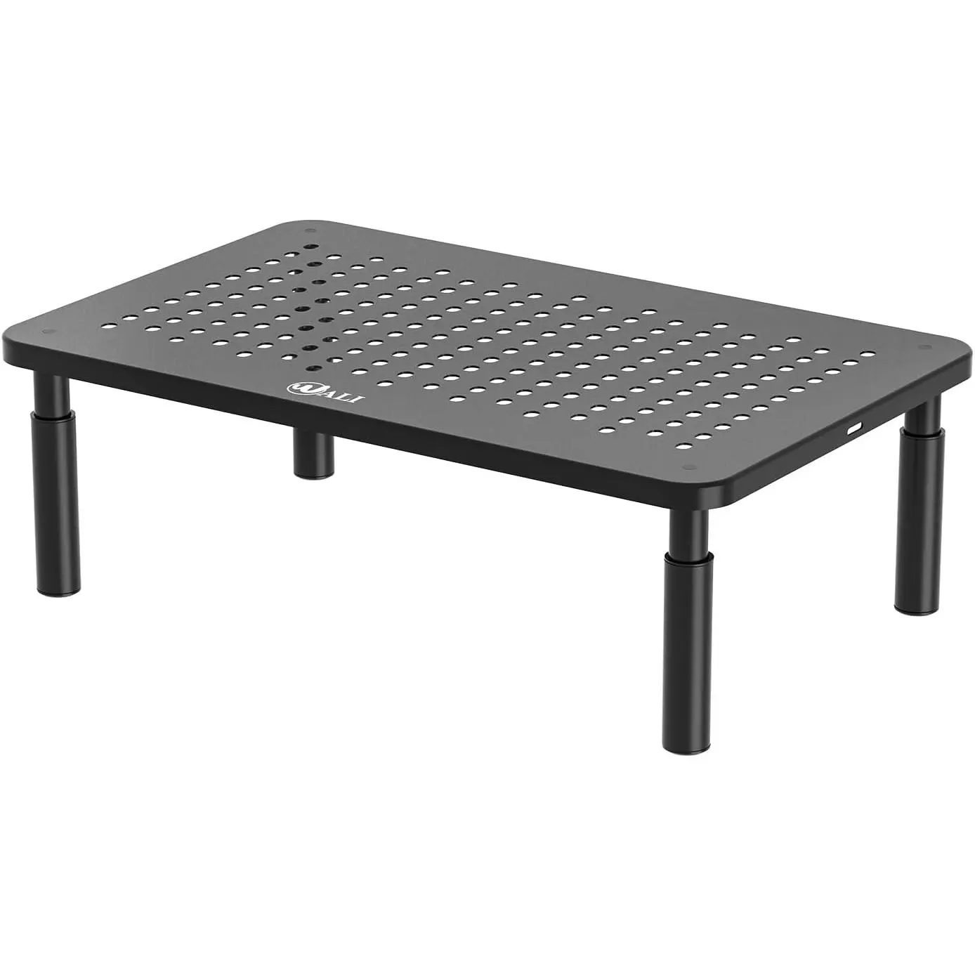 Black Ergonomic Metal Monitor Stand with Vent Holes - Adjustable Height Laptop Riser, Desk Organizer with Storage