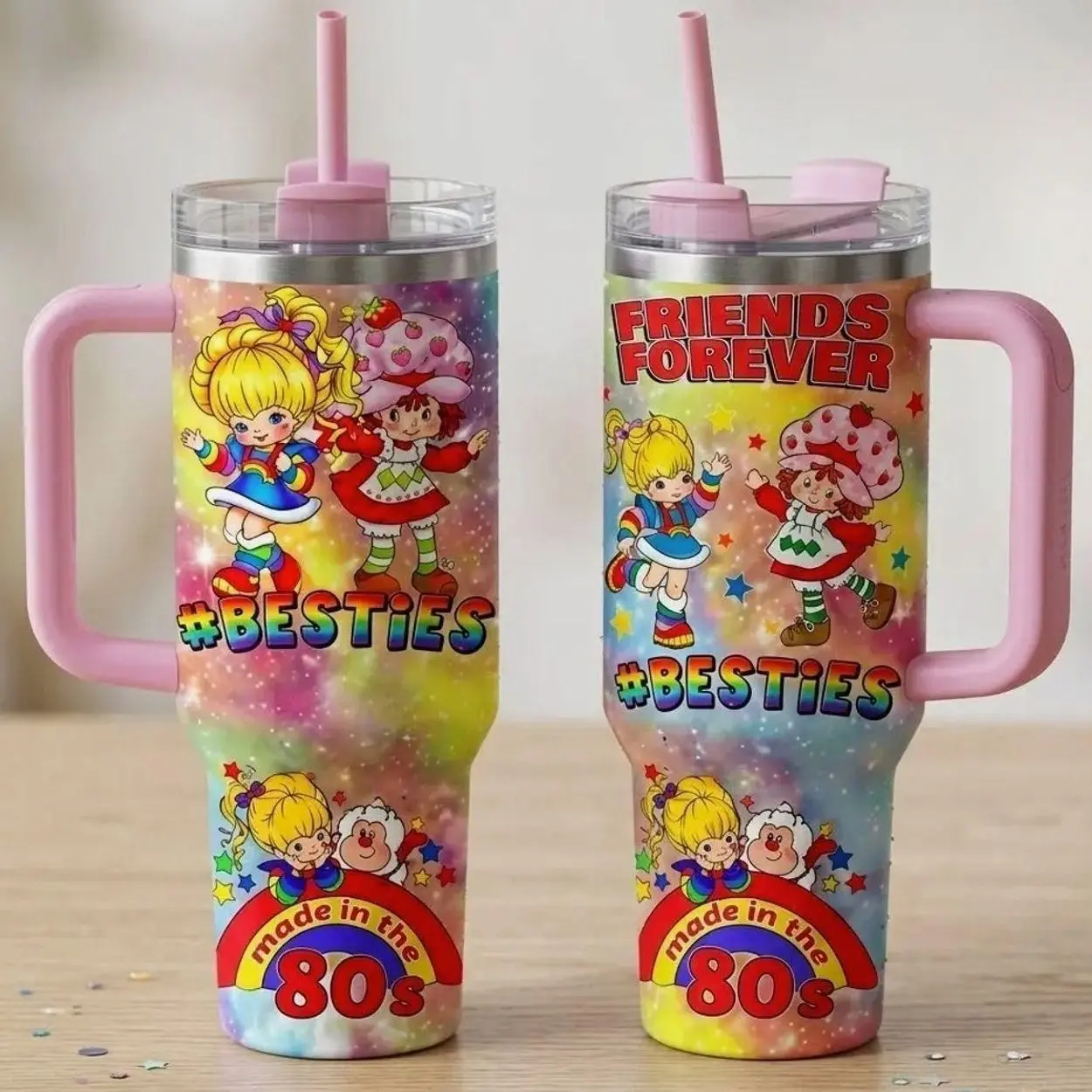 Retro 80s Strawberry Shortcake & Rainbow Brite Cartoon 40oz/30oz Stainless Steel Insulated Tumbler with Handle, Retro Cartoon Fan Gifts