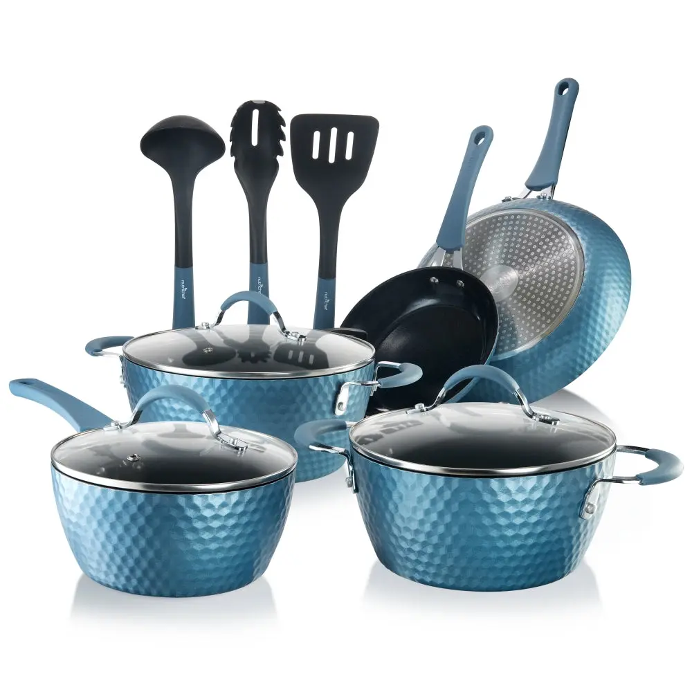 11 Pc Non-Stick Cookware Set - Royal Blue | Ceramic Coating Pots with Lids, Frying Pans, Spatula, Ladle & Fork Set - Even Heat, Food-Grade Safe & Stain Resistant Cooking Utensils Set - Everyday Use Home  Kitchenware