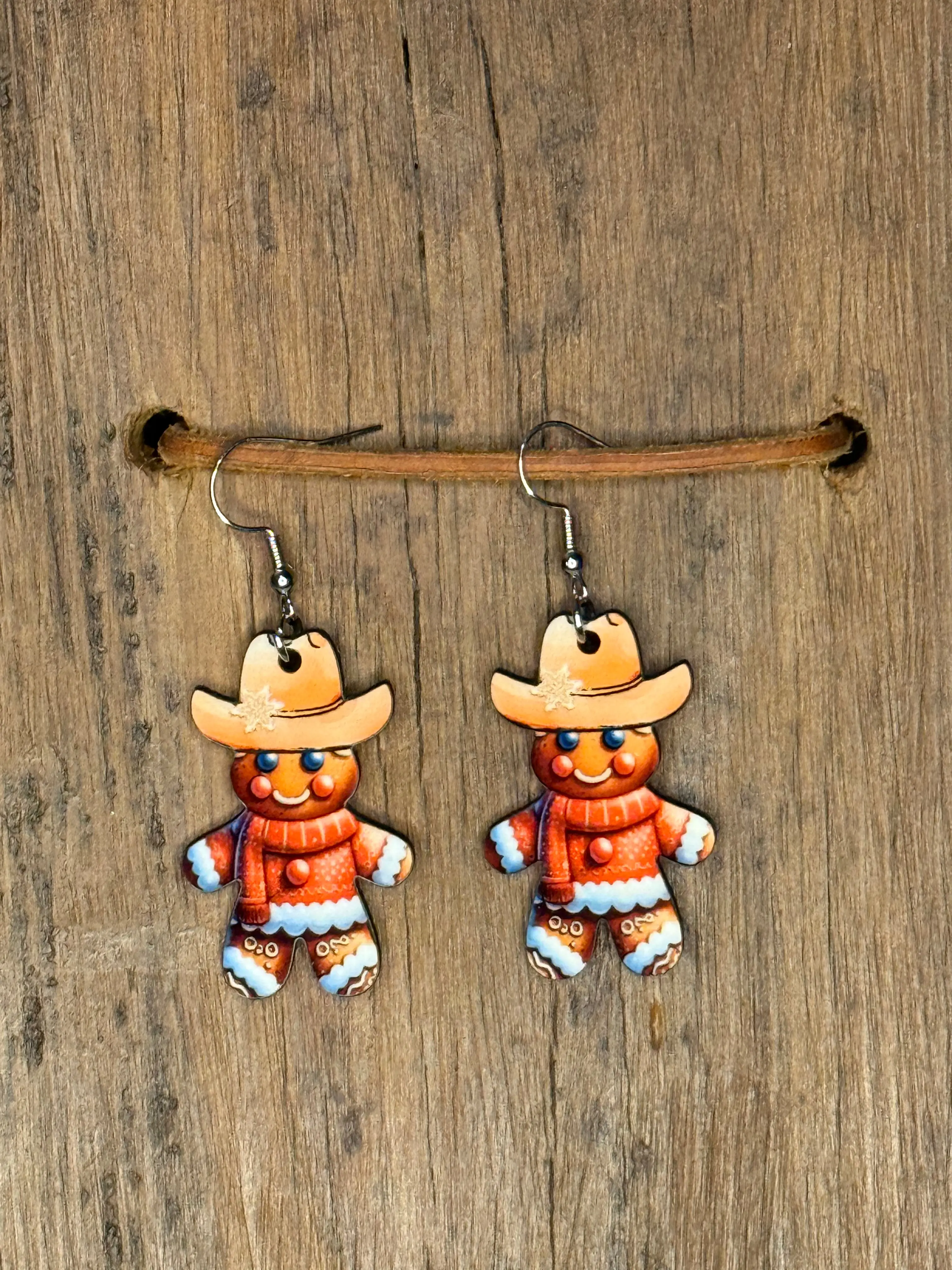 Cowboy Gingerbread Man Wood Earrings