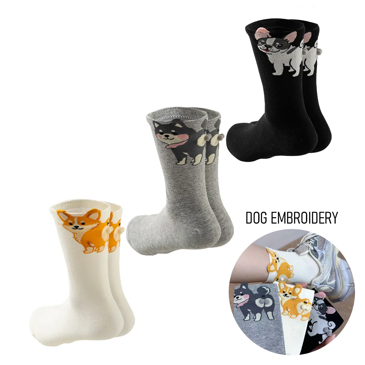 SEPKAOP Women's Soft Casual Cute Seamless Breathable Cotton Crew Socks - 3 Pairs with 3D Dog Pompoms, Fantasy Lady-Focused Graphics, Ideal Gift for Pet Lovers