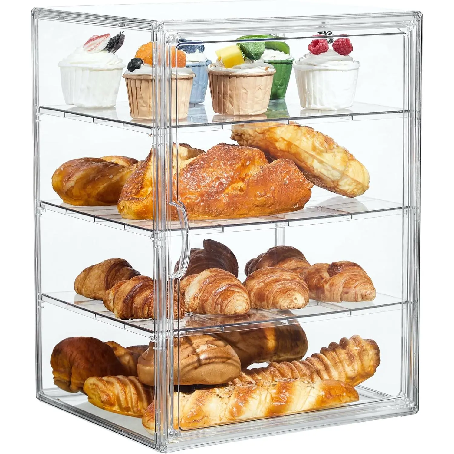 Pastry Display Case,Bread Box for Kitchen Countertop,4 Layers Adjustable Clear Bread Storage with  Door Bakery Pastry Display15.5x11.4x9.8inch,1 Pack