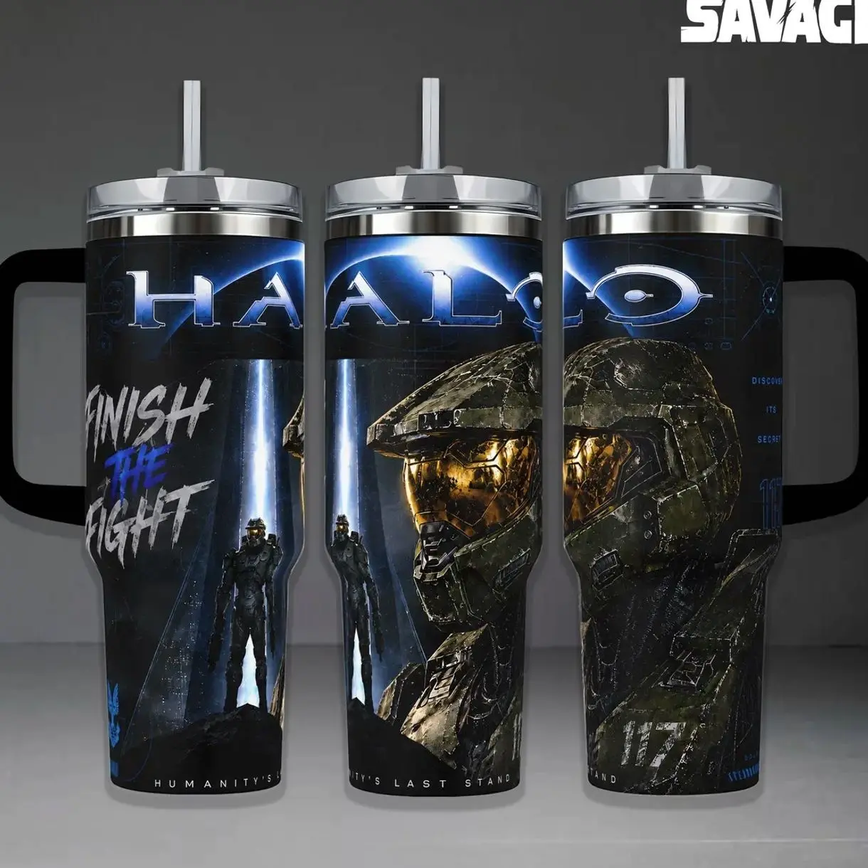 Halo "Finish The Fight" Master Chief Tumbler,40oz Insulated Travel Mug with Handle. Iconic Gaming Merch, Spartan 117 & Humanitys Last Stand Design, Perfect Gift for Halo Fans and Gamers