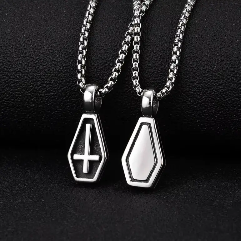 Men's Quality Stainless Steel Inverted Cross Coffin Pendant Necklace (60cm)