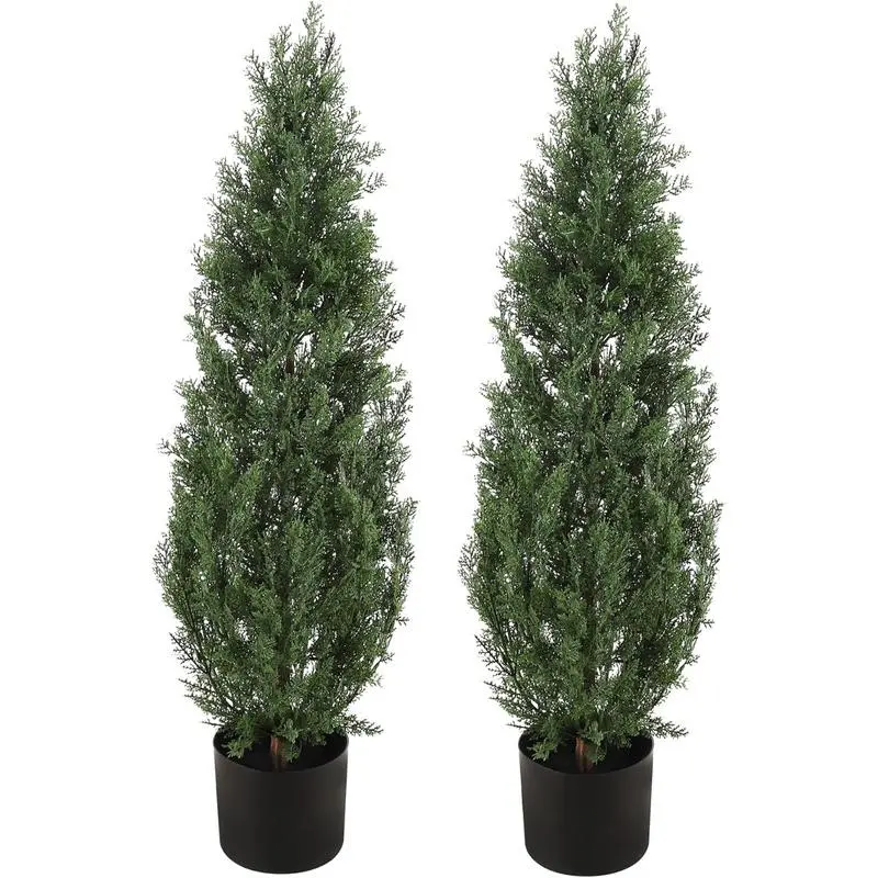 【Christmas Gift】Set of 2 3FT UV-Protected Topiary Cedar Trees - Iron-Frame Potted Faux Trees with Plastic Fruit Ornaments, Photorealism Design, 36.2" Tall, for Outdoor/Indoor Garden, Entryway Decor